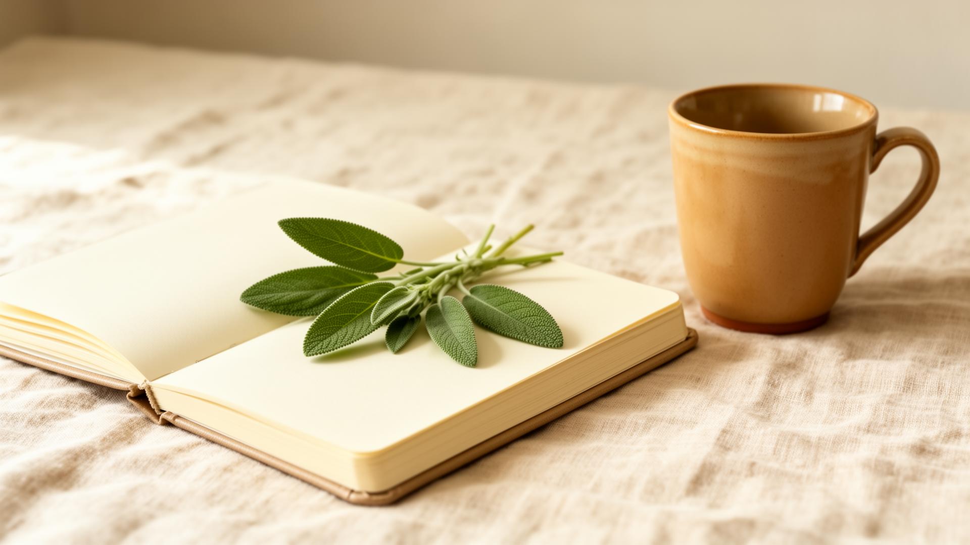 Caderno aberto com folhas de salva e uma chávena cerâmica